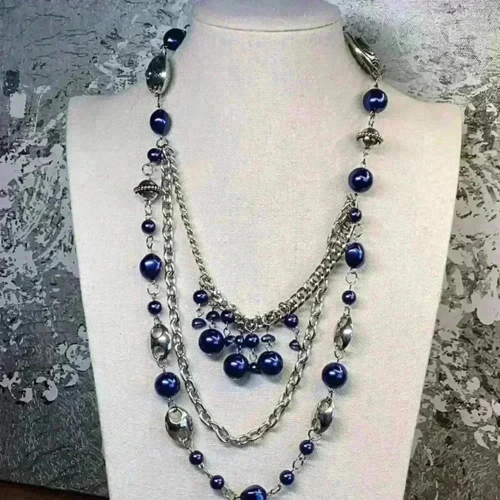 Silver and Blue Multi Strand Necklace with Ribbon Tie